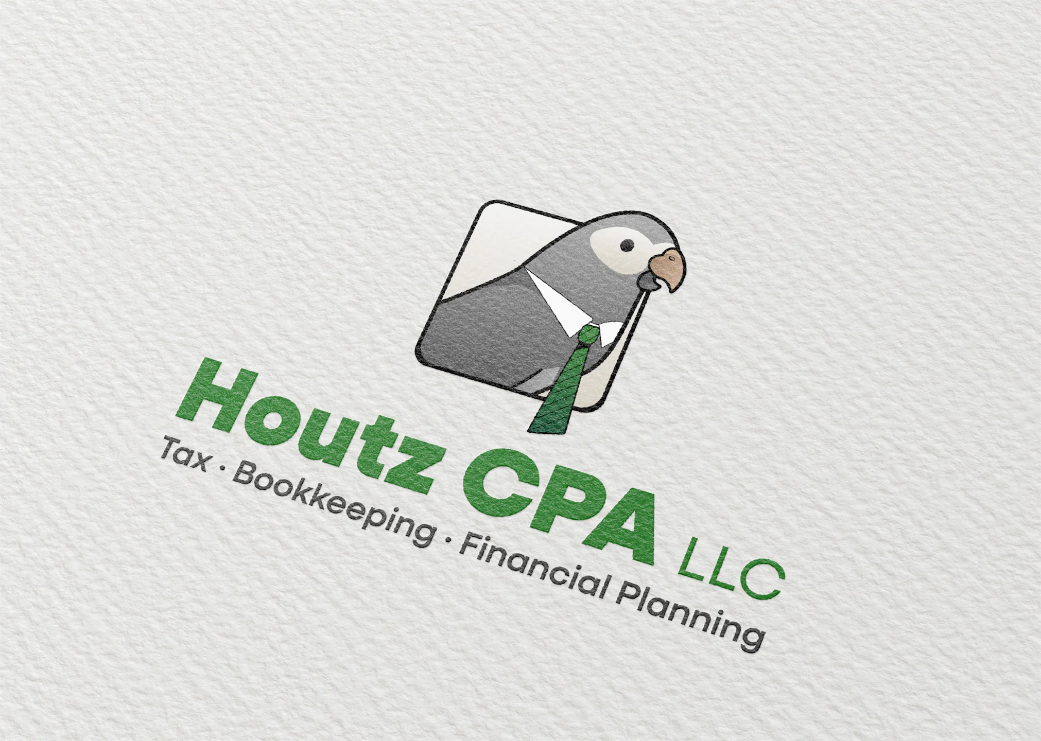 Refreshed Houtz CPA logo with illustrated African Grey parrot mascot