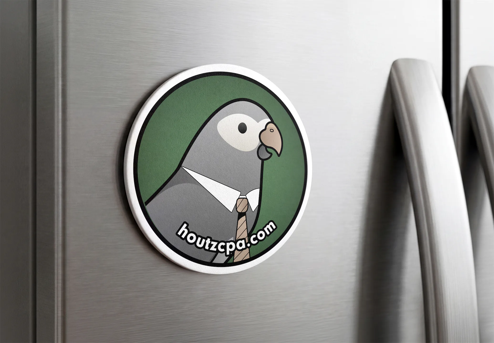 Houtz CPA parrot mascot magnet displayed on a refrigerator